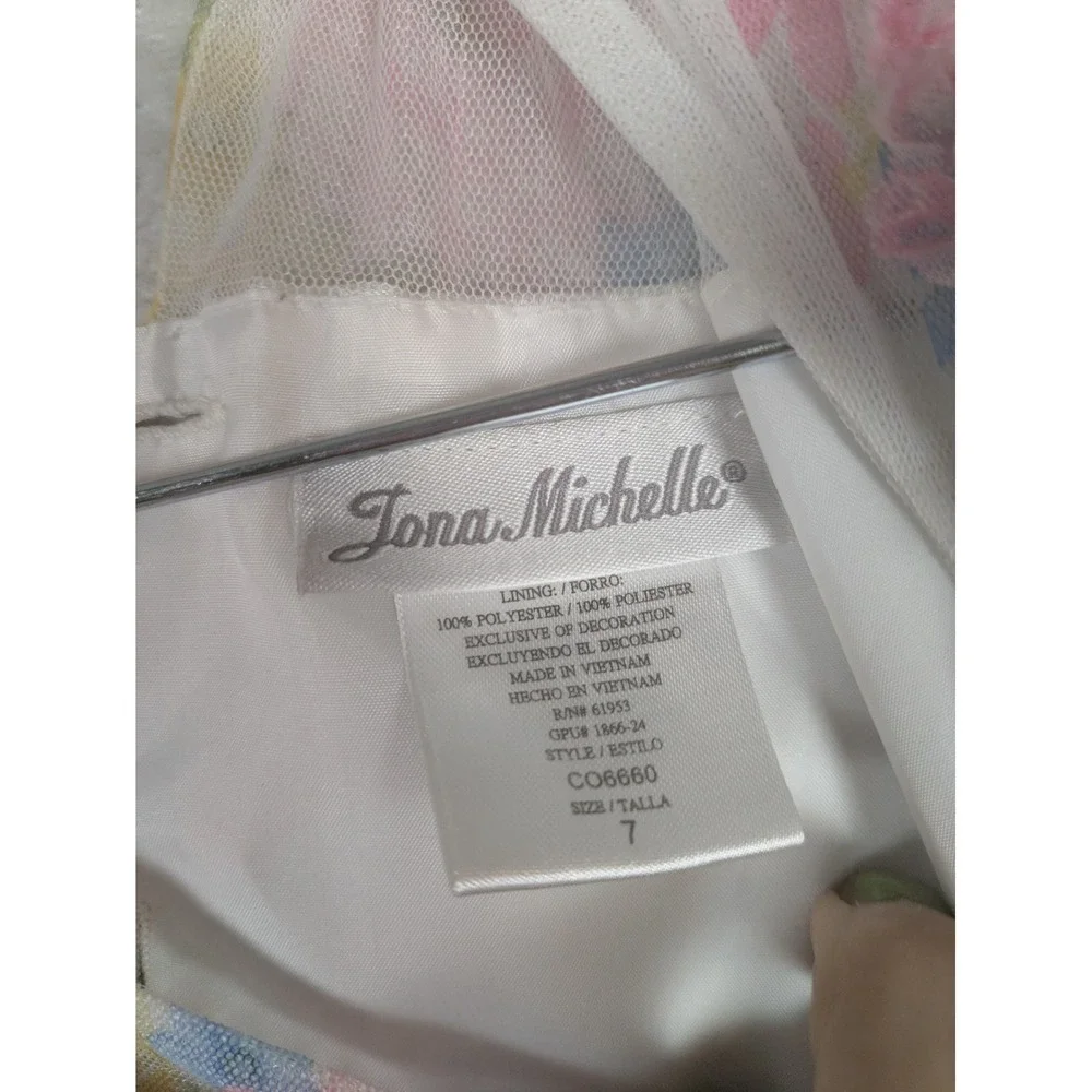 Jona Michelle Party Dress Girl's Size 7 White Floral Sequin Tiered Tulle Bow